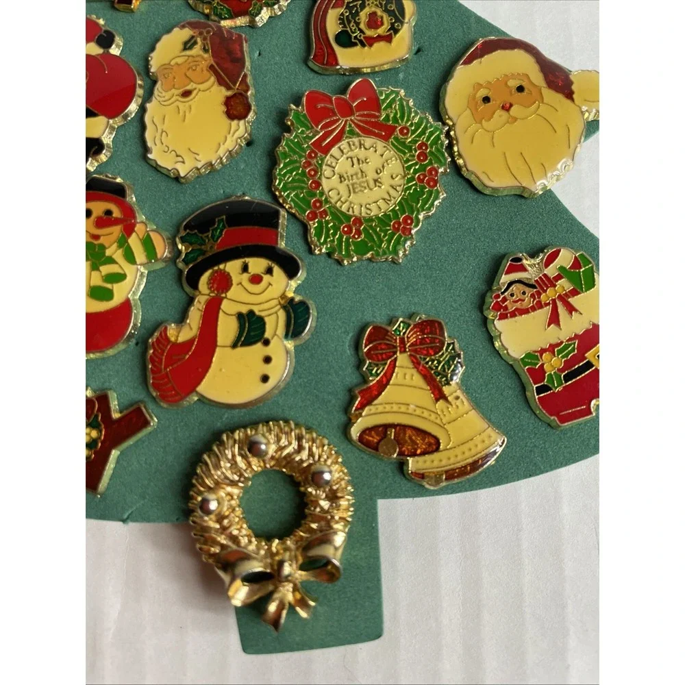 Vintage Christmas Enamel Lapel Pins Pinbacks: Wreath, Snowman, Santa, Lot Of 15